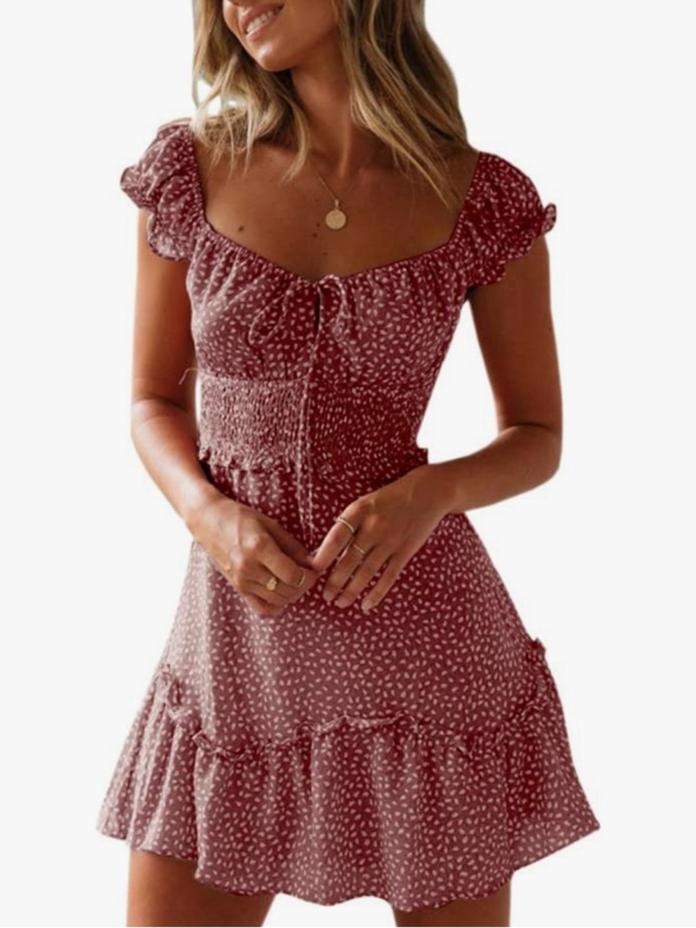 Yobecho Women's Rust Floral Smocked Mini Dress
